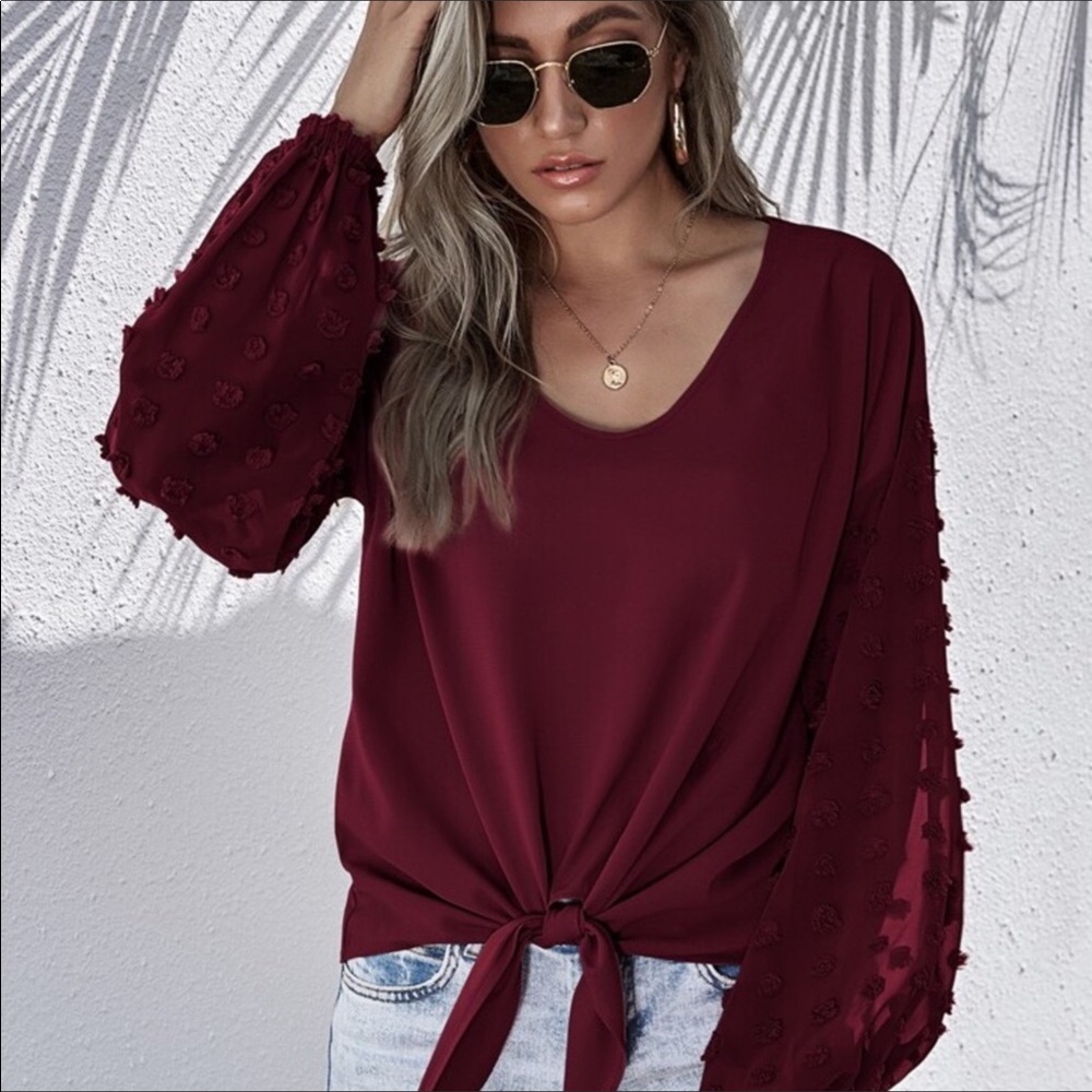 FINAL MARK-DOWN BURGUNDY CONTRAST SLEEVE TOP - Picture 4 of 7